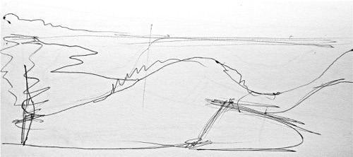 View of Valdichiana Drawing II, 3 1/2" x 7 3/4", ink on paper, 2011.